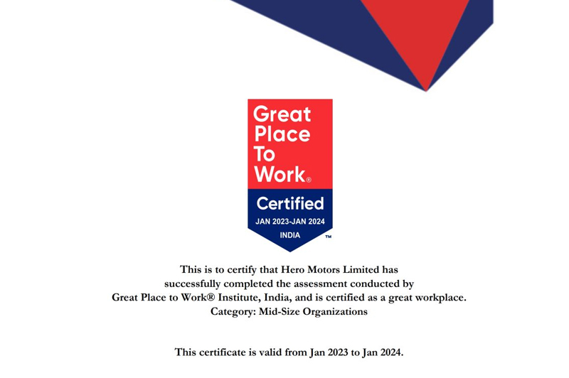 Hero Motors Limited been certified as Great Place To Work